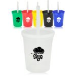 16 oz Plastic Stadium Cups with Lid and Straw